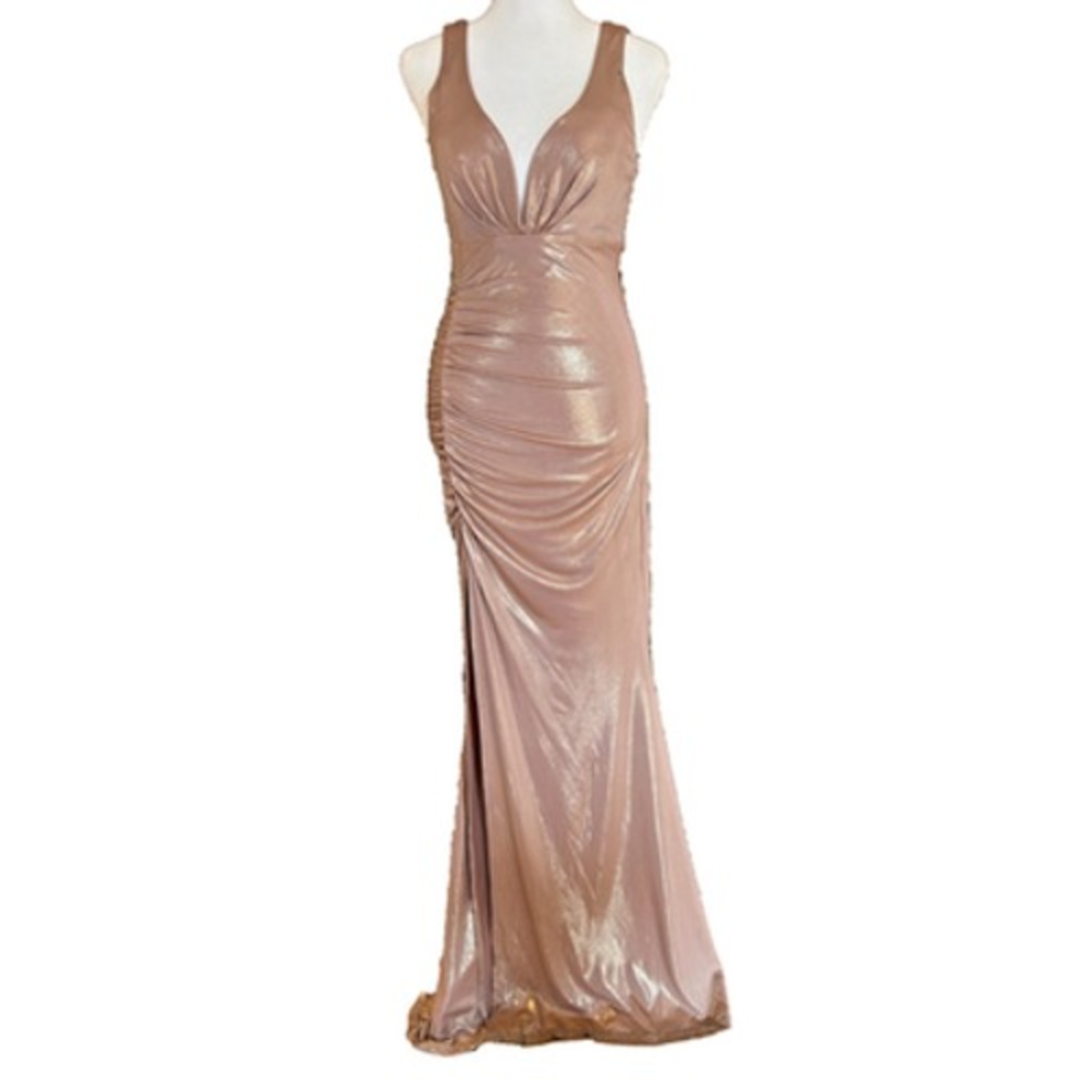 Windsor Y2K Maxi Dress Babydoll Bodycon Rose Gold Liquid Stretch Sz S Homecoming